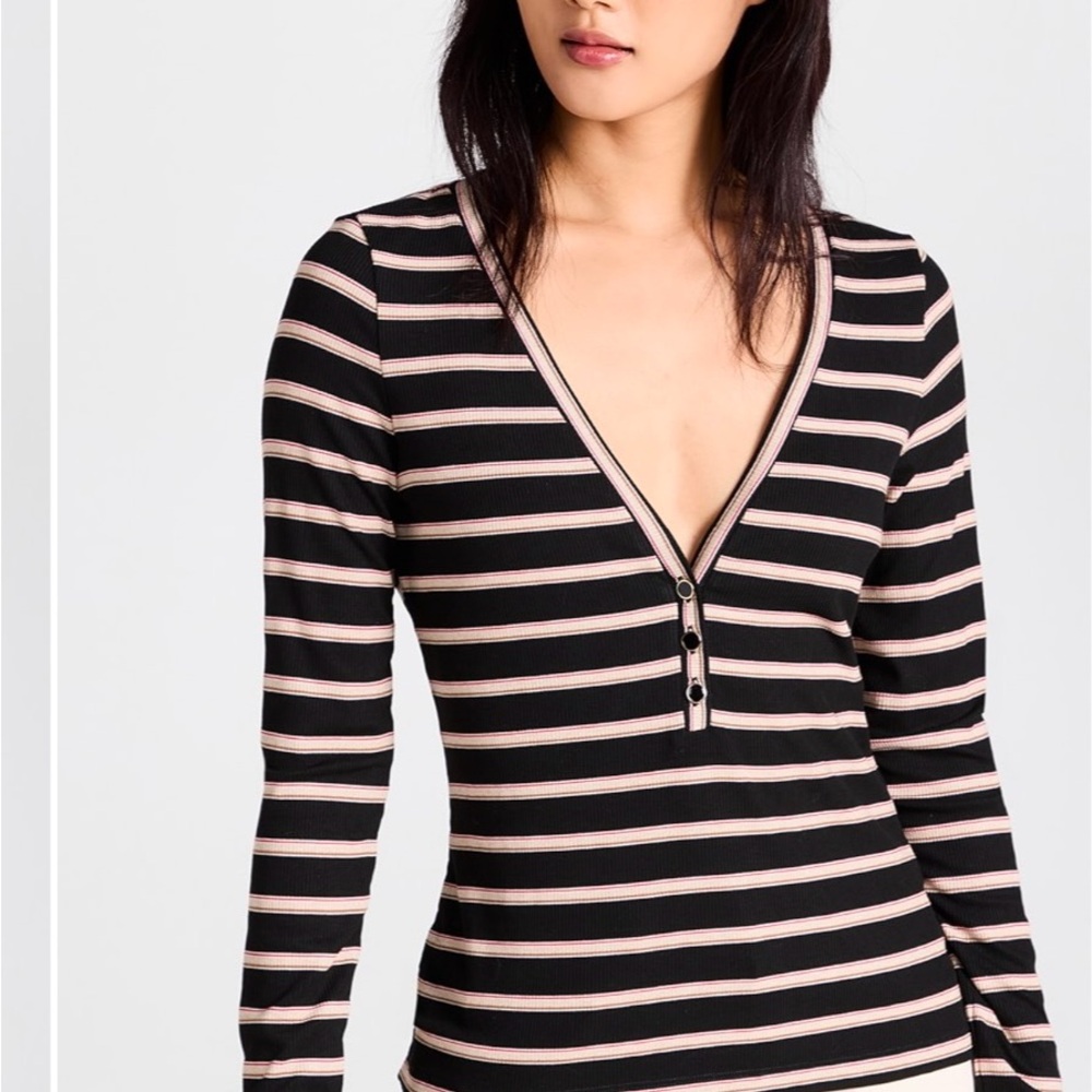 Veronica Beard Shailey Striped V-Neck Long Sleeve Top Henley - Black and Pink